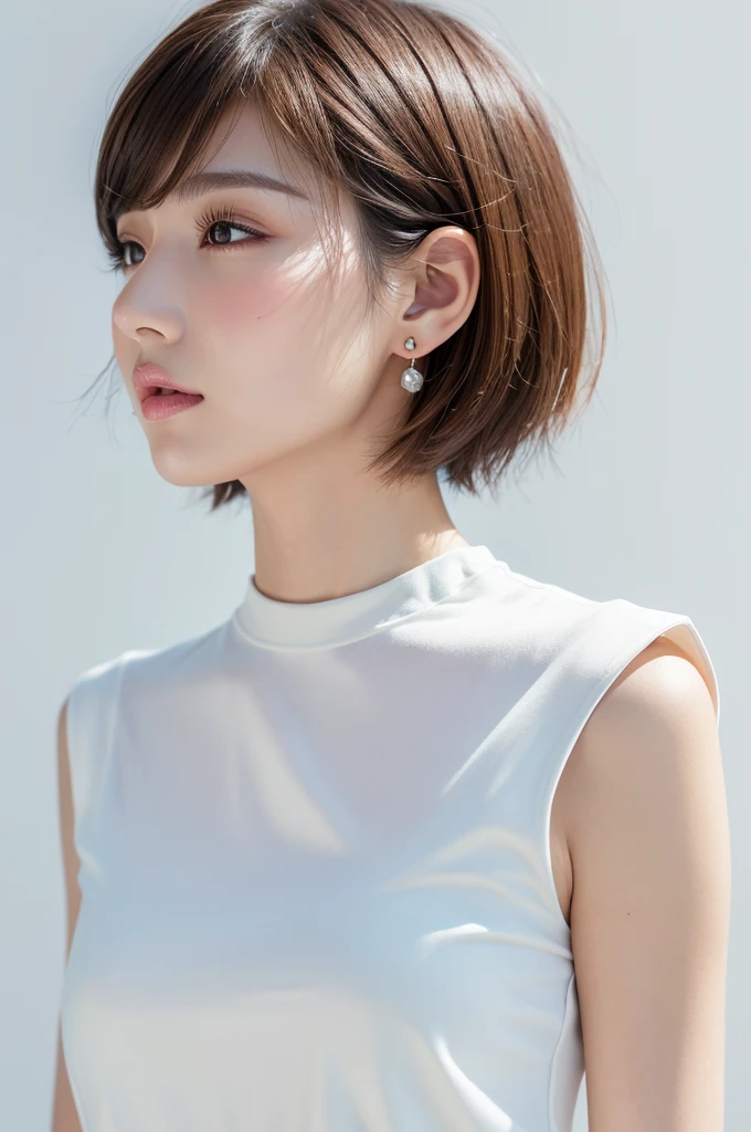 (Highest quality、Tabletop、8K、Best image quality、Award-winning works)、((profile:1.4))、ear、((short hair:1.46)),(Brown Hair)、(White casual clothes:1.2)、(The simplest pure white background:1.3)、(Perfectly fixed in front:1.1),(Portrait with Space:1.2)、Beautiful and exquisite、Perfect Makeup、Ultra-high definition beauty face、Ultra HD Hair、Ultra HD Shining Eyes、Super high quality glossy lip、Accurate ???????、Very beautiful skin、(Pure white skin shining in ultra-high resolution:1.1)、(Very bright:1.2),Big Natural Color Lip、Lip gloss,Harajuku、cute、cute美人