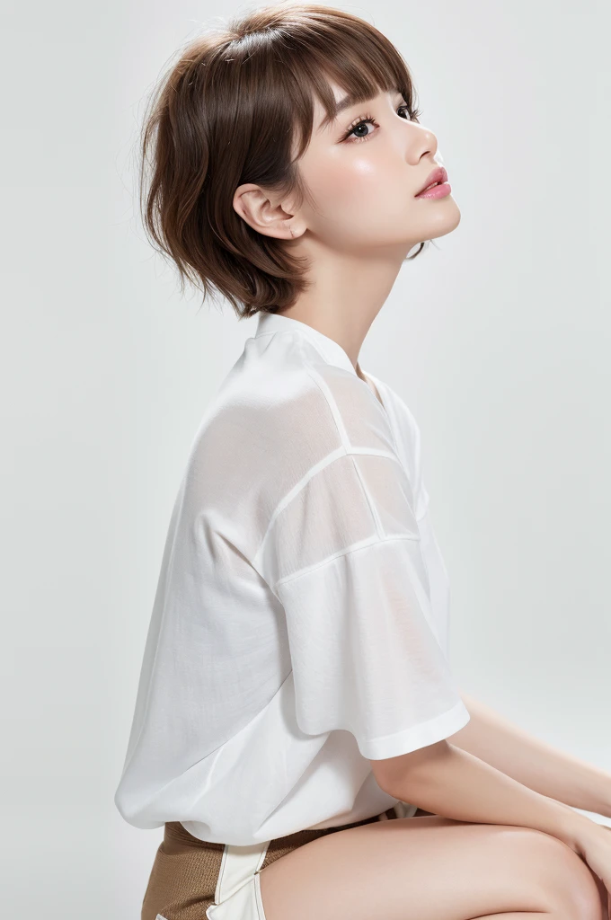 (Highest quality、Tabletop、8K、Best image quality、Award-winning works)、((profile:1.4))、ear、((short hair:1.46)),(Brown Hair)、(White casual clothes:1.2)、(The simplest pure white background:1.3)、(Perfectly fixed in front:1.1),(Portrait with Space:1.2)、Beautiful and exquisite、Perfect Makeup、Ultra-high definition beauty face、Ultra HD Hair、Ultra HD Shining Eyes、Super high quality glossy lip、Accurate anatomy、Very beautiful skin、(Pure white skin shining in ultra-high resolution:1.1)、(Very bright:1.2),Big Natural Color Lip、Lip gloss,Harajuku、cute、cute美人