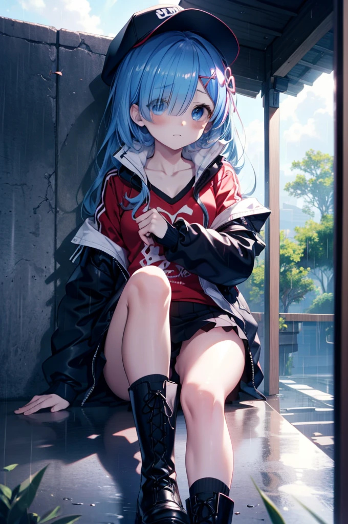 rezeroRem, Rem, blue eyes, Blue Hair, hair ornaments, Hair on one eye, hair ribbon, Long Hair, x hair ornaments,Baseball cap,Riders jacket　Open front,red v neck t shirt,mini skirt,Black knee socks,short boots,Sitting leaning against a wall,rain,Cloudy,Hiding under a roof,whole bodyがイラストに入るように,
break outdoors, Alley,
break looking at viewer, whole body,
break (masterpiece:1.2), Highest quality, High resolution, unity 8k wallpaper, (figure:0.8), (Beautiful attention to detail:1.6), extRemely detailed face, Perfect lighting, extRemely detailed CG, (Perfect hands, Perfect Anatomy),