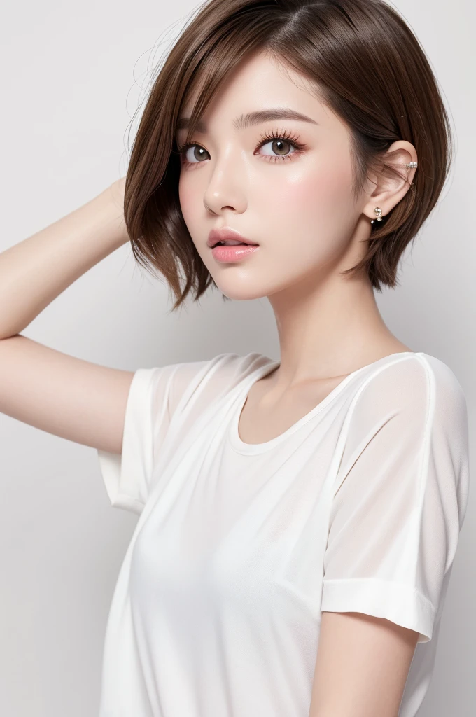 (highest quality、Tabletop、8k、Best image quality、Award-winning works)、((profile))、Look Down、ear、((short hair:1.46)),(Brown Hair)、(White casual shirt:1.2)、(The simplest pure white background:1.3)、(Perfectly fixed in front:1.1),(Portrait with space:1.2)、Beautiful and detailed、Perfect Makeup、Ultra-high definition beauty face、Ultra HD Hair、Ultra-high definition sparkling eyes、Ultra-high quality glossy lips、Accurate anatomy、Very beautiful skin、(Pure white skin shining in ultra-high resolution:1.1)、(Very bright:1.2),Big Natural Color Lip、Lip gloss,Harajuku、cute、cute美人