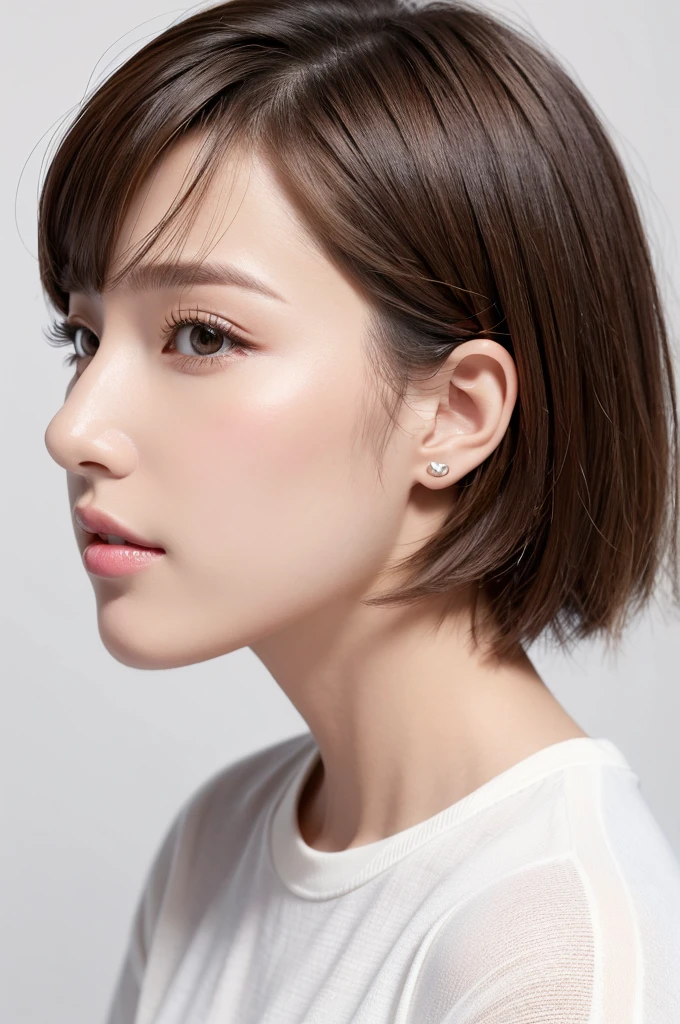 (Highest quality、Tabletop、8K、Best image quality、Award-winning works)、((profile:1.4))、ear、((short hair:1.46)),(Brown Hair)、(White casual clothes:1.2)、(The simplest pure white background:1.3)、(Perfectly fixed in front:1.1),(Portrait with Space:1.2)、Beautiful and exquisite、Perfect Makeup、Ultra-high definition beauty face、Ultra HD Hair、Ultra HD Shining Eyes、Super high quality glossy lip、Accurate anatomy、Very beautiful skin、(Pure white skin shining in ultra-high resolution:1.1)、(Very bright:1.2),Big Natural Color Lip、Lip gloss,Harajuku、cute、cute美人