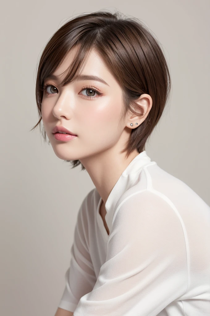 (Highest quality、Tabletop、8K、Best image quality、Award-winning works)、((profile:1.4))、ear、((short hair:1.46)),(Brown Hair)、(White casual clothes:1.2)、(The simplest pure white background:1.3)、(Perfectly fixed in front:1.1),(Portrait with Space:1.2)、Beautiful and exquisite、Perfect Makeup、Ultra-high definition beauty face、Ultra HD Hair、Ultra HD Shining Eyes、Super high quality glossy lip、Accurate anatomy、Very beautiful skin、(Pure white skin shining in ultra-high resolution:1.1)、(Very bright:1.2),Big Natural Color Lip、Lip gloss,Harajuku、cute、cute美人