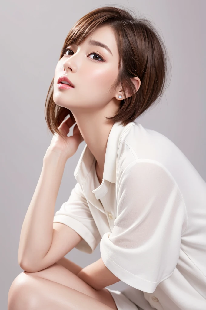 (Highest quality、Tabletop、8K、Best image quality、Award-winning works)、((profile:1.4))、ear、((short hair:1.46)),(Brown Hair)、(White casual clothes:1.2)、(The simplest pure white background:1.3)、(Perfectly fixed in front:1.1),(Portrait with Space:1.2)、Beautiful and exquisite、Perfect Makeup、Ultra-high definition beauty face、Ultra HD Hair、Ultra HD Shining Eyes、Super high quality glossy lip、Accurate anatomy、Very beautiful skin、(Pure white skin shining in ultra-high resolution:1.1)、(Very bright:1.2),Big Natural Color Lip、Lip gloss,Harajuku、cute、cute美人