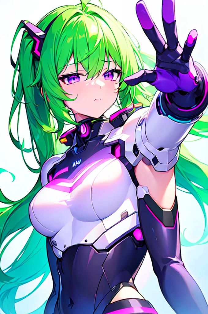 [(WHITE BACKGROUND:1.5),::5], ((((masterpiece)))), high quality, ultra very high resolution, full color, (((solo))), ((Mecha musume)), Mecha girl, ((Green hair)), (Purple eyes), anime, upper body, neon light, cyborg body, (Purple neon effect:1.2)