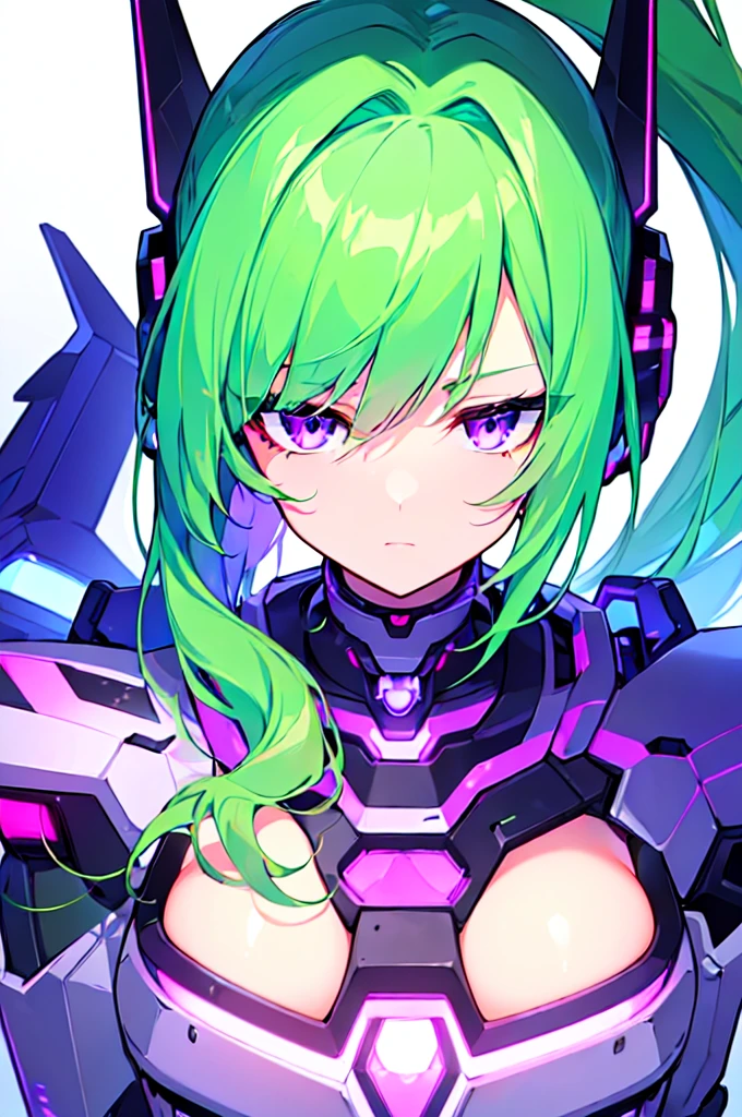 [(WHITE BACKGROUND:1.5),::5], ((((masterpiece)))), high quality, ultra very high resolution, full color, (((solo))), ((Mecha musume)), Mecha girl, ((Green hair)), (Purple eyes), anime, upper body, neon light, cyborg body, (Purple neon effect:1.2)