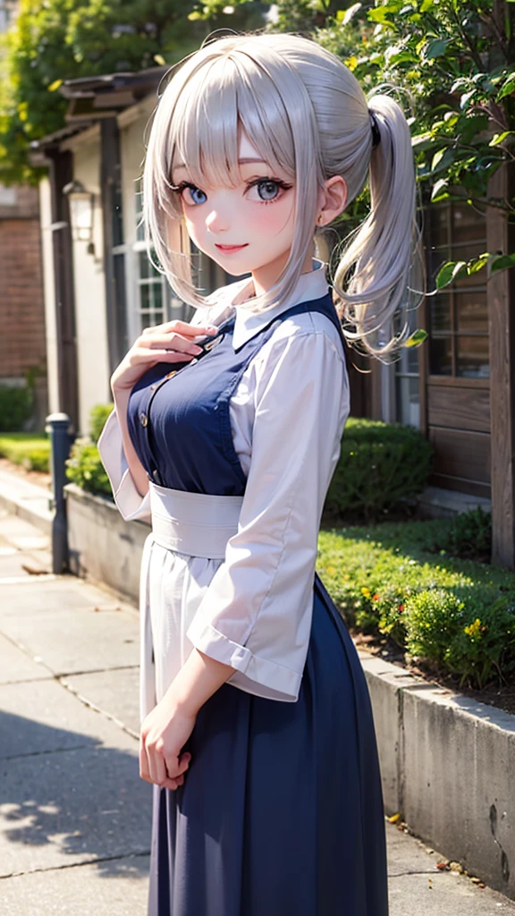 masterpiece, best quality, beautiful detailed eyes, 1girl, solo, silver hair, blue eyes, (li), (low pony tail), midium breast, nose blush, smile, standing, outdoor, navy blue high-waist long skirt, white no-sleeve blouse,