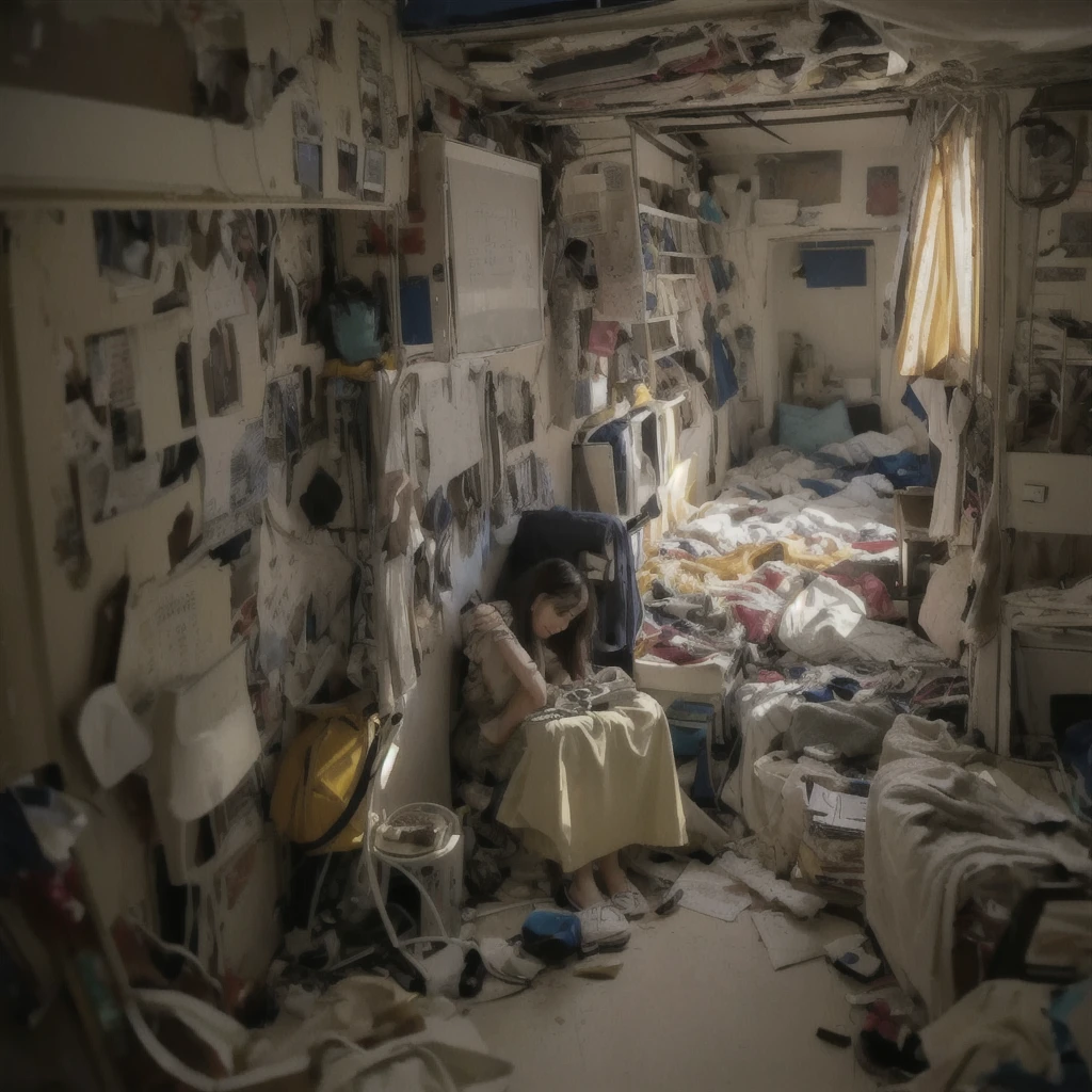 there is a woman sitting in a Messy room with a lot of clutter, inside a Messy room, Messy room, Claustrophobic room, Messy bedroom, Messy bedroomの中, Dirty room, Chaotic teen bedroom, Dirty apartment, In a decaying hospital room, Messy room, Crimmed New York apartment, A small room in Tokyo