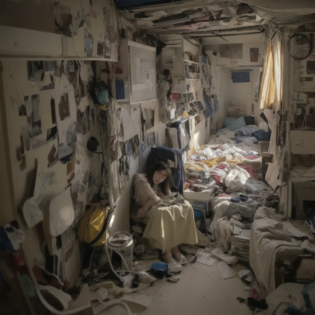 there is a woman sitting in a Messy room with a lot of clutter, inside a Messy room, Messy room, Claustrophobic room, Messy bedroom, Messy bedroomの中, Dirty room, Chaotic teen bedroom, Dirty apartment, In a decaying hospital room, Messy room, Crimmed New York apartment, A small room in Tokyo