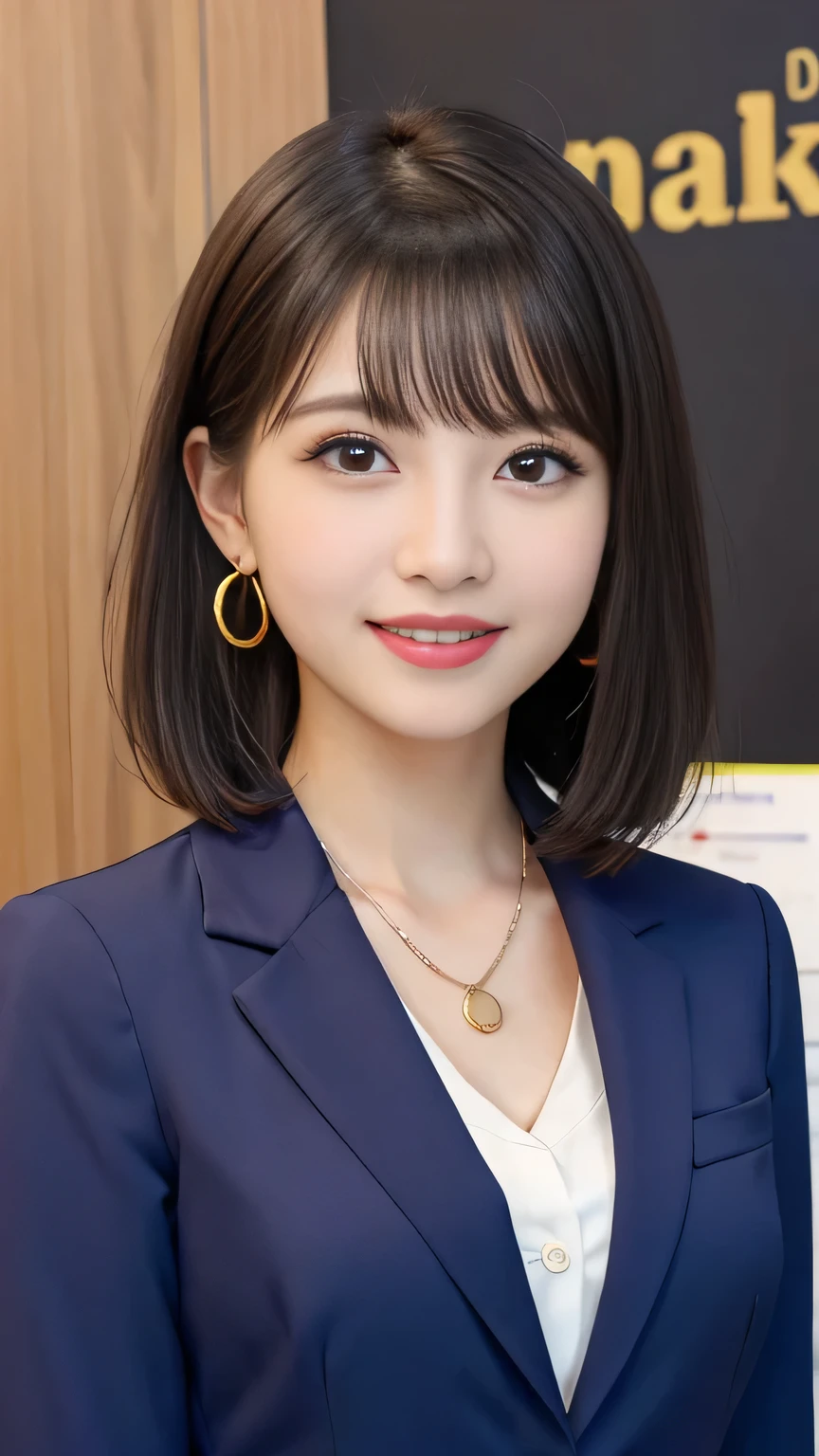 Highest quality:1.2), RAW Photos, High resolution, Very detailed, Intricate details, 、ear piercing、Closed Mouth Smile、Emphasis on teeth、Black Hair、 Short Haircut、(Front view, ), Clear beauty, , (High quality fabric, Office Lady Suit 、Jacket、Unbuttoned shirt、 Necklace around the neck、The background is the office、Dark eyeliner