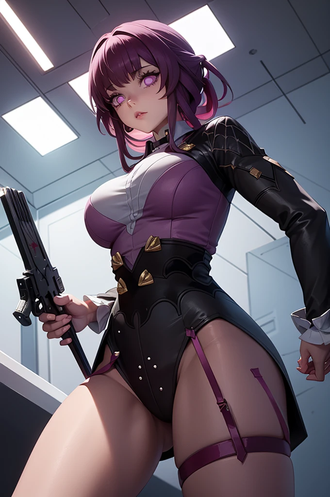 Masterpiece level, highest quality assurance, highlighting the image of 1 girl, official style, fantastic purple eyes and hair, elastic skin, moderate medium shot, looking directly at the audience, clear picture and vignetting effect, detailed and charming eyes (pureerosface_v1:0.5), extremely provocative action, intense star track background, bustling cross-legged, arrogant bangs, horror apocalyptic background, the same color of left and right eyes, (from below:1.5), (one girl:1.5)