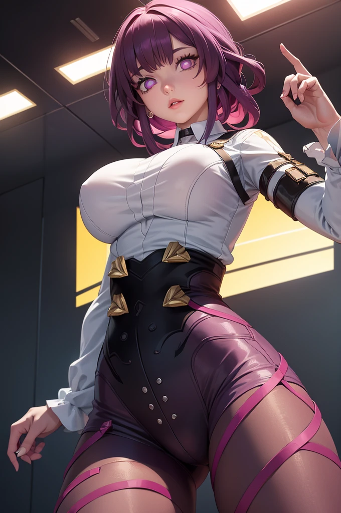 Masterpiece level, highest quality assurance, highlighting the image of 1 girl, official style, fantastic purple eyes and hair, elastic skin, moderate medium shot, looking directly at the audience, clear picture and vignetting effect, detailed and charming eyes (pureerosface_v1:0.5), extremely provocative action, intense star track background, bustling cross-legged, arrogant bangs, horror apocalyptic background, the same color of left and right eyes, (from below:1.5), (one girl:1.5)