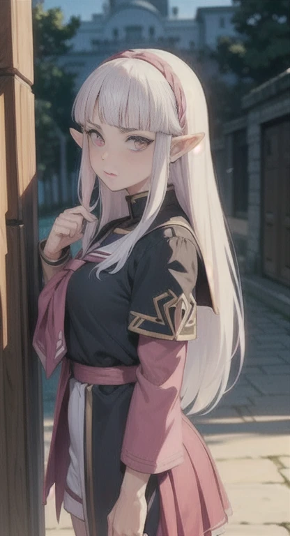 Sweating, long white hair, pink eyes, Princess Zelda, Hyrule high school, school's uniform, students everywhere, looking at viewer,