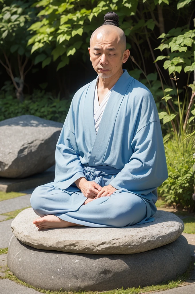 Robe、front、Zazen、on stone、The background is nature、Real