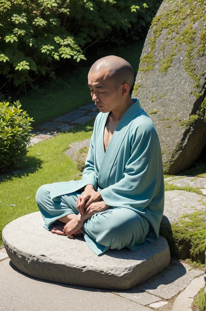 Robe、front、Zazen、on stone、The background is nature、Real