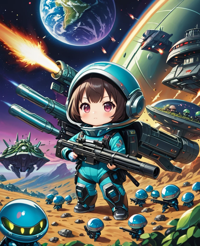 (best quality, masterpiece, ultra highres, ultra-detailed:1.2) ,An anime-style illustration depicting chibi girls fighting against invading alien spaceships with heavy weaponry. The scene is vibrant and detailed, combining cuteness with action-packed intensity. In the foreground, a group of small girls(chibi,kawaii), each with a unique personality and heavy weapon, stand ready for battle. One wields a massive bazooka, another a futuristic rifle, and a third a high-tech missile launcher. Their expressions are fierce and determined. The background features a colossal alien spaceship menacingly hovering over the earth. The overall composition exudes a sense of epic adventure and resilience. At the top or bottom of the illustration, a bold, dramatic tagline reads: "Tiny Heroes vs. Alien Invaders!"