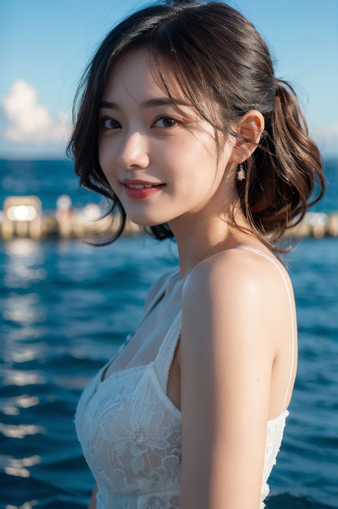 (8K, RAW Photos, masterpiece:1. 2), (Realistic, photo-Realistic:1. 37), Super detailed, Half Body, 1 Girl, alone, Beautifully detailed skies, noon, Beautiful attention to detail, Beautiful and detailed lips, Professional Lighting, Photon Mapping, Physically Based Rendering, Highly detailed eyes and face, Beautiful attention to detail, Looking at the audience, Captivating smile, Curly Hair, Cinema Lighting, Highest quality, Ocean