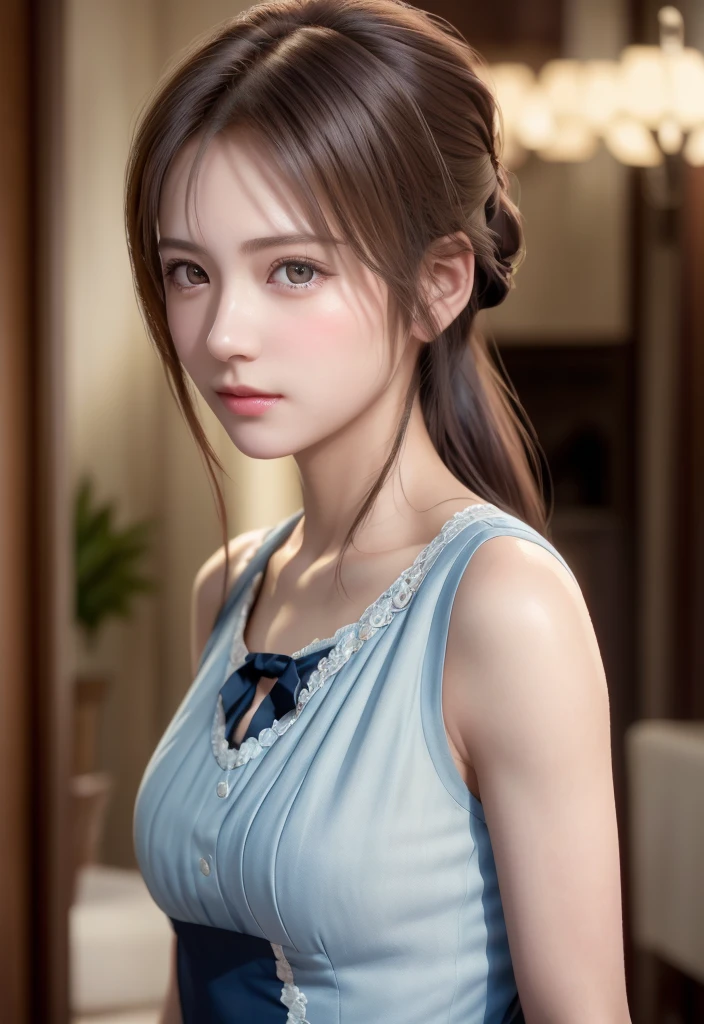 8K, of the highest quality, masutepiece:1.2), (Realistic, Photorealsitic:1.37), of the highest quality, masutepiece, Beautiful young woman, Pensive expression,、A charming、and an inviting look, Cute Maid Clothes, Hair tied back, Cinematic background, Light skin tone