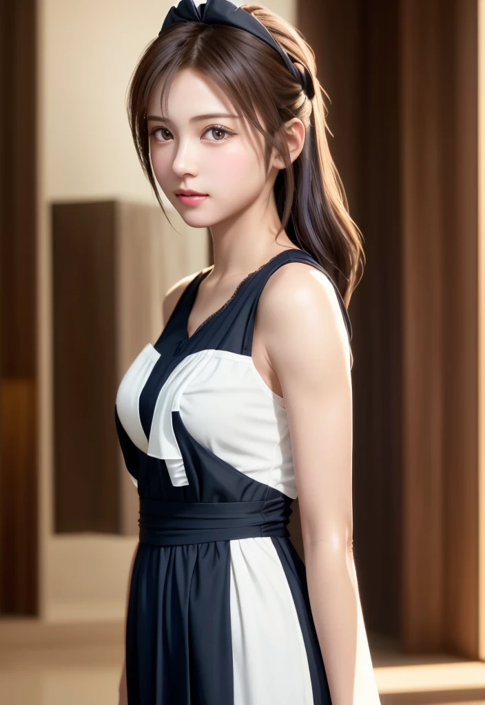 8K, of the highest quality, masutepiece:1.2), (Realistic, Photorealsitic:1.37), of the highest quality, masutepiece, Beautiful young woman, Pensive expression,、A charming、and an inviting look, Cute Maid Clothes, Hair tied back, Cinematic background, Light skin tone