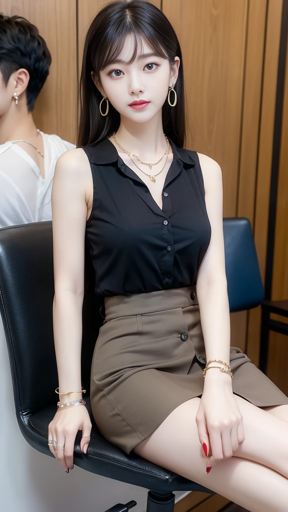 (((Practical photography))),,28year, portrait,Upper body, Korean，(Mature:1.3),, 1 girl，beautiful girl, arrogant,Sit in a large class chair , (necklace，earrings，bracelet:1.1), Sleeveless shirt，Button-down shirt and hip skirt,mini skirt , (cleveage:0.3),, In the CEO&#39;s office, (Environmental details:1.3),, (original photo, CG Unity, photography, ultra Practical details, Clear focus, Delicate skin,4K, high resolution, masterpiece, best quality, Practical, Full of energy:1.2),, (8K,4K, Ultra-high quality, high resolution, professional, Movie-like, , dramatic),（armpits:1.2）, Detailed office background，