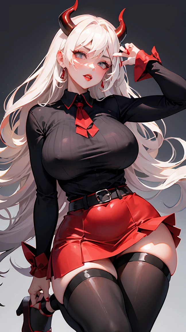 1Woman milf “"Giant breasts" + "large rear" + "wide hips" + " tiny waist" + "plump thighs" + "gray eyes" + "Long black color Hair" + "Red Lips" + "Lucious Lips"”)} serious expression, {“Outfit”: big red pointed horns, fangs, black top, red skirt, red pointed nails, black high heels, Reddish lace bow on the thigh