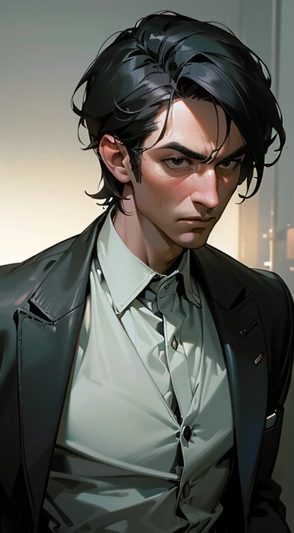 (best quality, masterpiece, 8K, photorealistic, cinematic lighting, hdr image, ultra detailed, beautiful image), a mature man, very handsome, serious, short black hair, black eyes, perfect face without errors, ((buttoning the jacket, CEO))