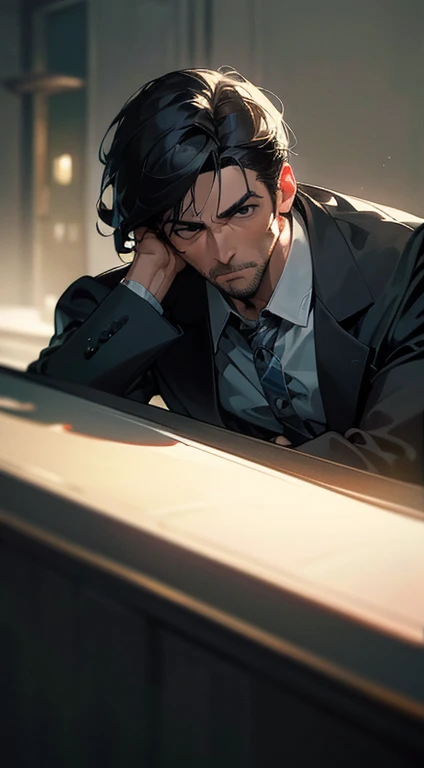 (best quality, masterpiece, 8K, photorealistic, cinematic lighting, hdr image, ultra detailed, beautiful image), a mature man, very handsome, serious, short black hair, black eyes, perfect face without errors, ((buttoning the jacket, CEO))