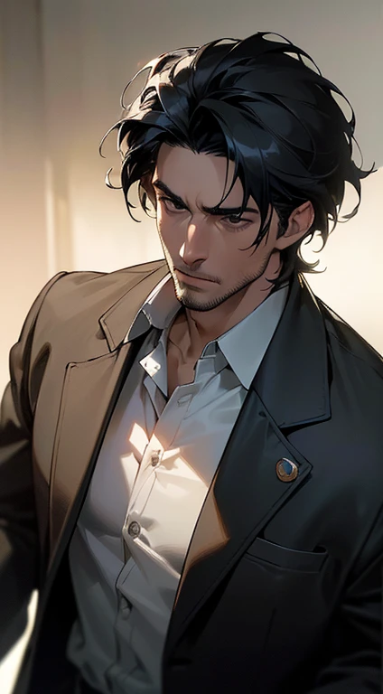 (best quality, masterpiece, 8K, photorealistic, cinematic lighting, hdr image, ultra detailed, beautiful image), a mature man, very handsome, serious, short black hair, black eyes, perfect face without errors, ((buttoning the jacket, CEO))