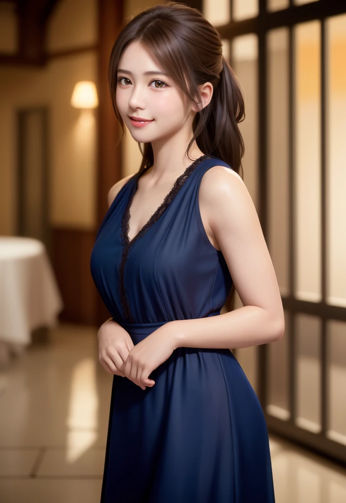 8K, of the highest quality, masutepiece:1.2), (Realistic, Photorealsitic:1.37), of the highest quality, masutepiece, Beautiful young woman, Pensive expression, Mischievous smile, sexy dress、Hair tied back, Glamorous atmosphere、Cinematic background, Light skin tone
