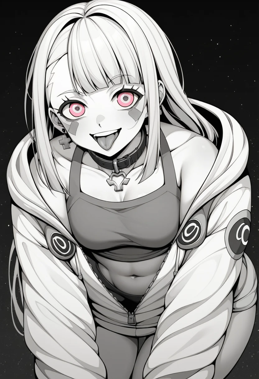 (masterpiece:1.2)、Highest quality、PIXIV、Rebellious girl、One girl、Open your mouth、鋭いteeth、teeth、Long Hair、Street background、gem、badge、ボタンbadge、Food、Pink Eyes、Earrings、Jacket、eyelash、Foodを下にして、star (symbol)、Upper Body、Characters in clothes、zipper、collar、cable、chain、tongue、Stickers、hoodie、smile、spike、Focus on the viewer、長いtongue、Chest in the center、Shoulder Bare、Belly button、Black and white hair color,leaning forward,Cyberpunk city,Night view,Black and white grey outfit
