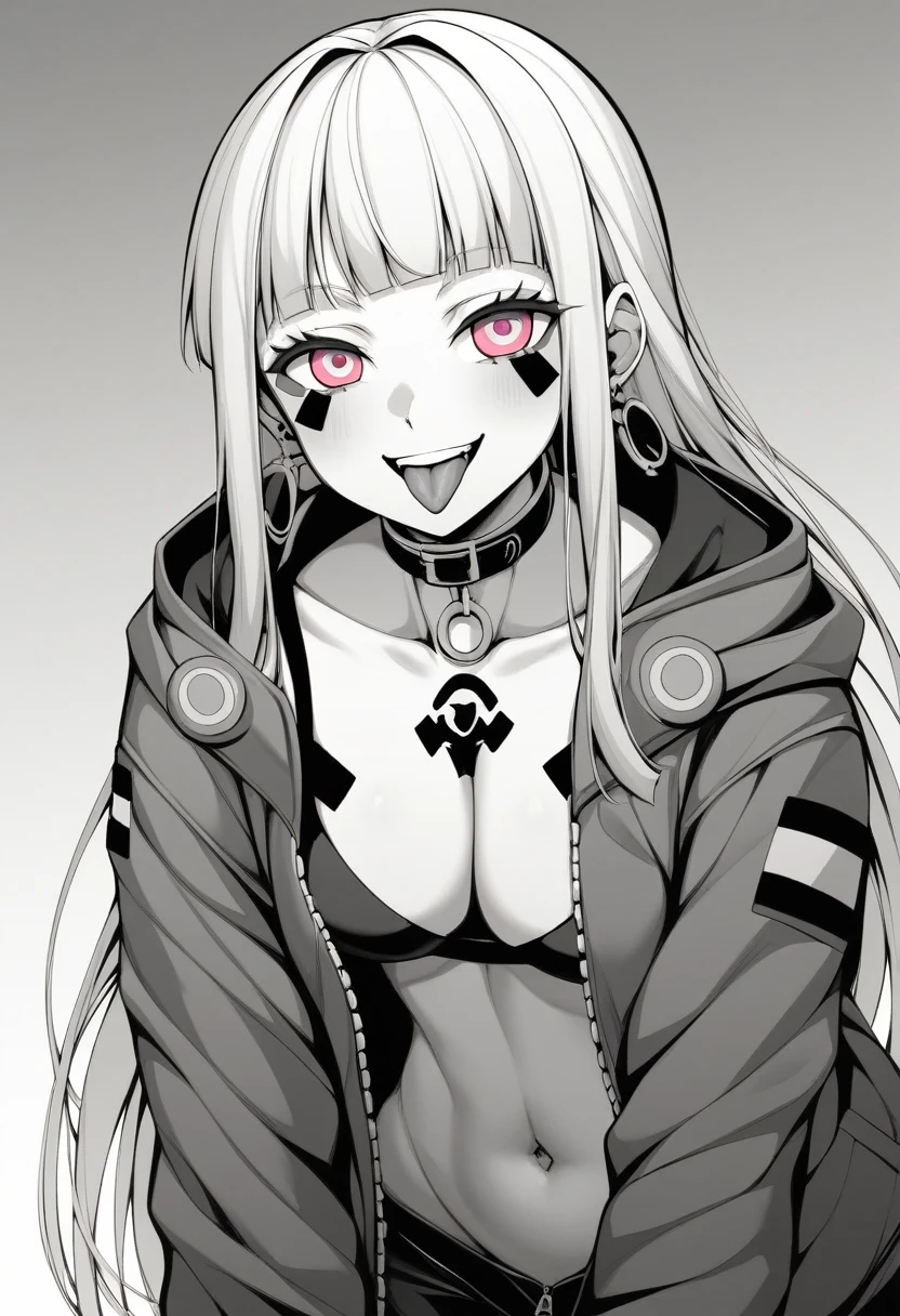 (masterpiece:1.2)、Highest quality、PIXIV、Rebellious girl、One girl、Open your mouth、鋭いteeth、teeth、Long Hair、Street background、gem、badge、ボタンbadge、Food、Pink Eyes、Earrings、Jacket、eyelash、Foodを下にして、star (symbol)、Upper Body、Characters in clothes、zipper、collar、cable、chain、tongue、Stickers、hoodie、smile、spike、Focus on the viewer、長いtongue、Chest in the center、Shoulder Bare、Belly button、Black and white hair color,leaning forward,Cyberpunk city,Night view,Black and white grey outfit