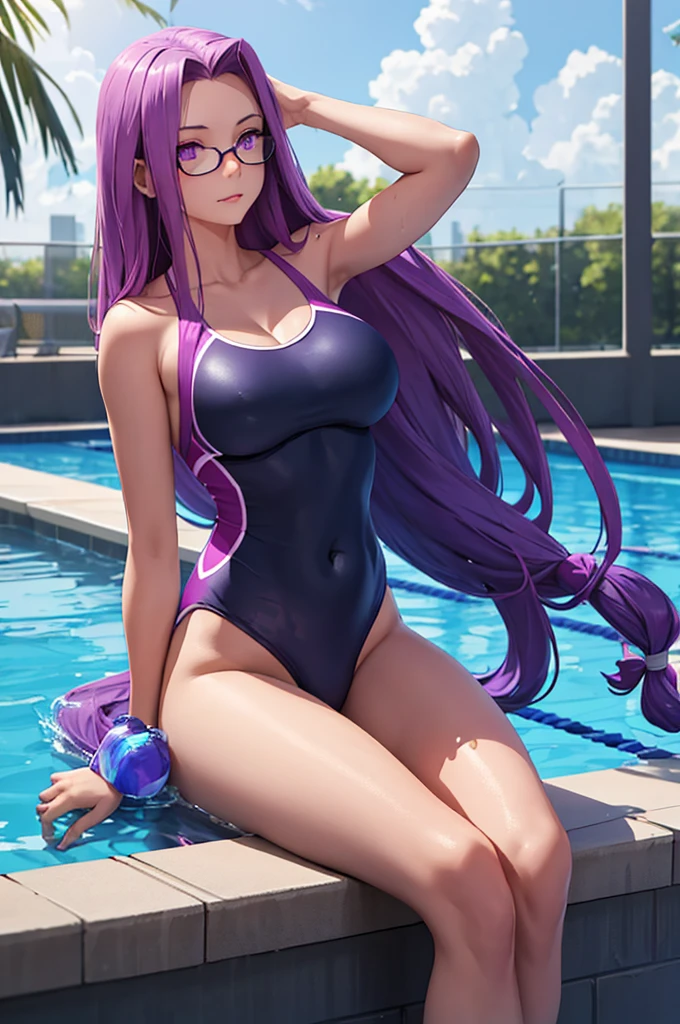 1girl, best quality, masterpiece, high resolution, solo, {blue school swimsuit:1.40}, {short school swimsuit:1.20}, {medusa_fgo:1.15}, long_hair, purple_hair, very_long_hair, purple_eyes, breasts, big_breasts, swimming pool, pool, de pie, school swimsuit.