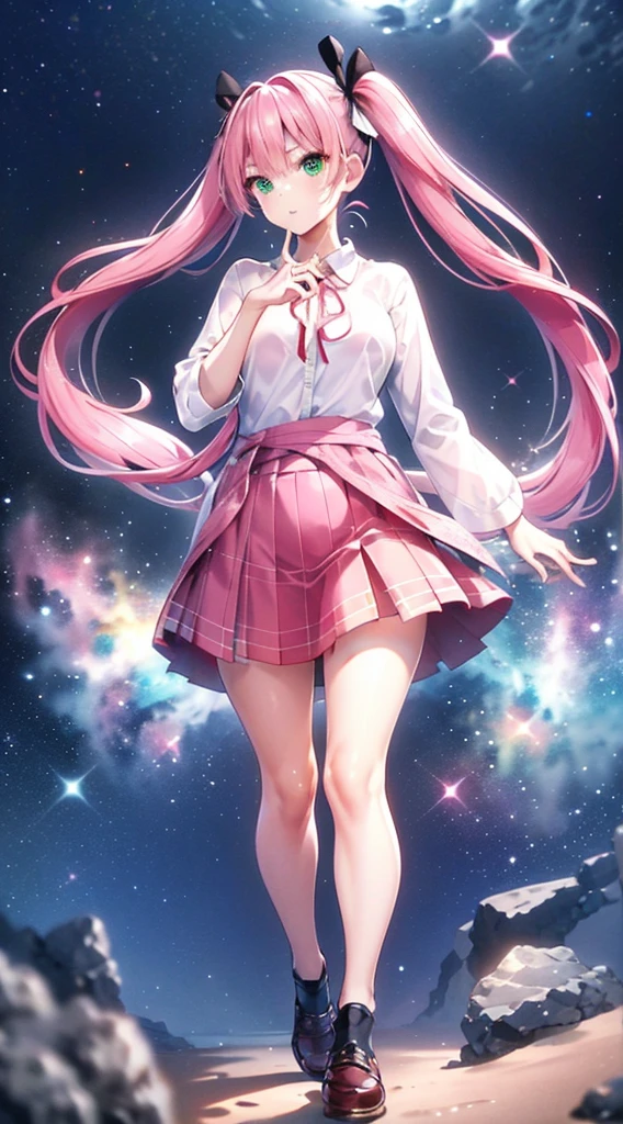 High detail, Super detailed, Ultra-high resolution, A girl having fun in a dreamlike galaxy, Surrounded by stars, The warm light that shines on her, Starry background with colorful galaxies and galactic clouds, The stars fly around her, Add a playful touch ,(((Pink long hair)))、(((Half Twin Tail)))、solo、Green Eyes、skirt、(((long back hair)))、shirt、shoes下、(Blue waistband)、白いshirt、格子縞のskirt、Plaid、sleevesa rolled up、chest、襟付きshirt、ribbon、Knee-high、bangs、shoes、(茶色のskirt)、赤いribbon、(茶色のプリーツskirt)、Mouth closed、ネックribbon、Medium breast 、Beautiful female fingers、Accurate Fingers、