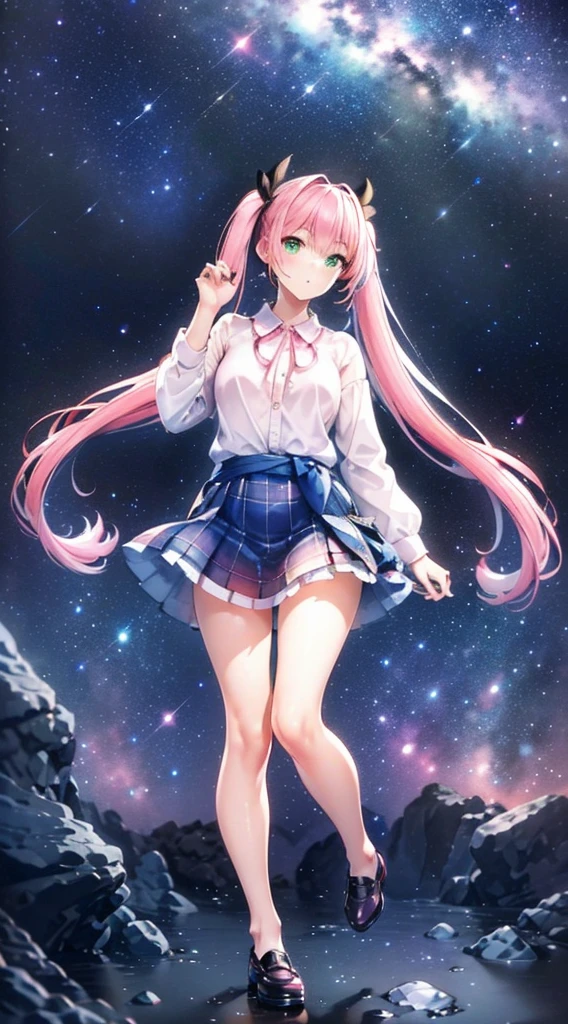 High detail, Super detailed, Ultra-high resolution, A girl having fun in a dreamlike galaxy, Surrounded by stars, The warm light that shines on her, Starry background with colorful galaxies and galactic clouds, The stars fly around her, Add a playful touch ,(((Pink long hair)))、(((Half Twin Tail)))、solo、Green Eyes、skirt、(((long back hair)))、shirt、shoes下、(Blue waistband)、白いshirt、格子縞のskirt、Plaid、sleevesa rolled up、chest、襟付きshirt、ribbon、Knee-high、bangs、shoes、(茶色のskirt)、赤いribbon、(茶色のプリーツskirt)、Mouth closed、ネックribbon、Medium breast 、Beautiful female fingers、Accurate Fingers、