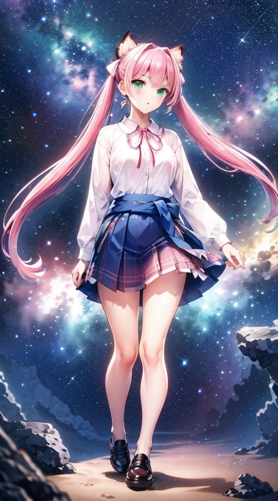 High detail, Super detailed, Ultra-high resolution, A girl having fun in a dreamlike galaxy, Surrounded by stars, The warm light that shines on her, Starry background with colorful galaxies and galactic clouds, The stars fly around her, Add a playful touch ,(((Pink long hair)))、(((Half Twin Tail)))、solo、Green Eyes、skirt、(((long back hair)))、shirt、shoes下、(Blue waistband)、白いshirt、格子縞のskirt、Plaid、sleevesa rolled up、chest、襟付きshirt、ribbon、Knee-high、bangs、shoes、(茶色のskirt)、赤いribbon、(茶色のプリーツskirt)、Mouth closed、ネックribbon、Medium breast 、Beautiful female fingers、Accurate Fingers、