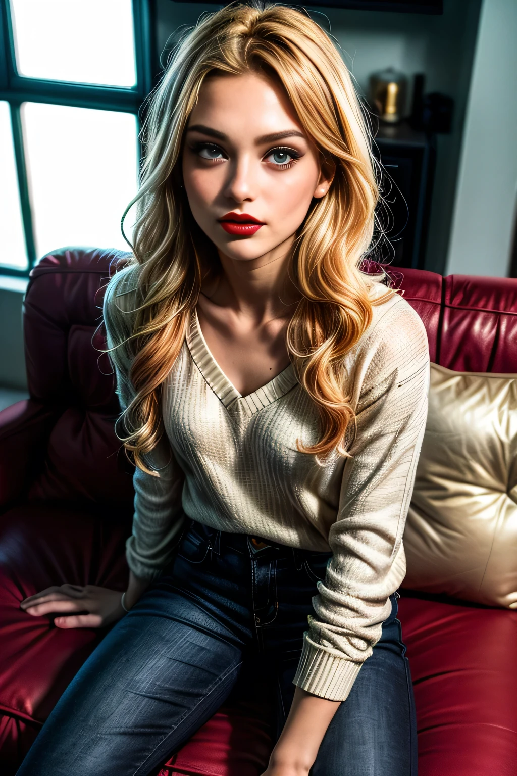 (masterpiece, photorealistic:1.4, extremely intricate:1.3, radiosity, photon mapping, dtx, 8K), intricate details, sharp focus, professional, real life, dynamic pose, BREAK (((fit age supermodel woman, ((lounging, (white flowerprint jumper), black jeans, from above:0.7), blackout goth eyeshadow, red lipstick), golden hour, ((long wavy [blonde hair:bright orange hair:0.6], [flat chest:medium breasts:0.8]), indoors, couch), pouting, [skin detail:freckles:0.7])))