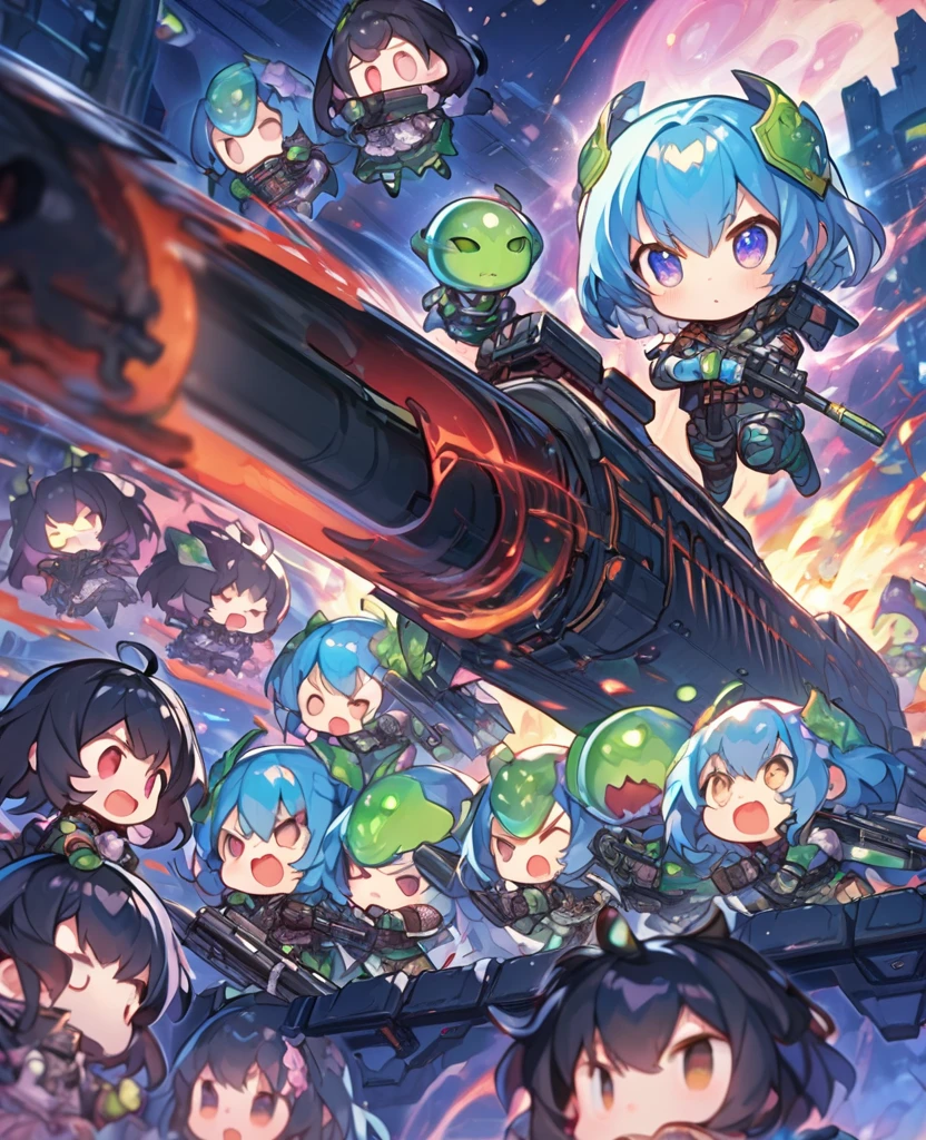 (best quality, masterpiece, ultra highres, ultra-detailed:1.2) ,An anime-style illustration depicting chibi girls fighting against invading alien spaceships with heavy weaponry. The scene is vibrant and detailed, combining cuteness with action-packed intensity. In the foreground, a group of small girls(chibi,kawaii), each with a unique personality and heavy weapon, stand ready for battle. One wields a massive bazooka, another a futuristic rifle, and a third a high-tech missile launcher. Their expressions are fierce and determined. The background features a colossal alien spaceship menacingly hovering over the earth. The overall composition exudes a sense of epic adventure and resilience. At the top or bottom of the illustration, a bold, dramatic tagline reads: "Tiny Heroes vs. Alien Invaders!"