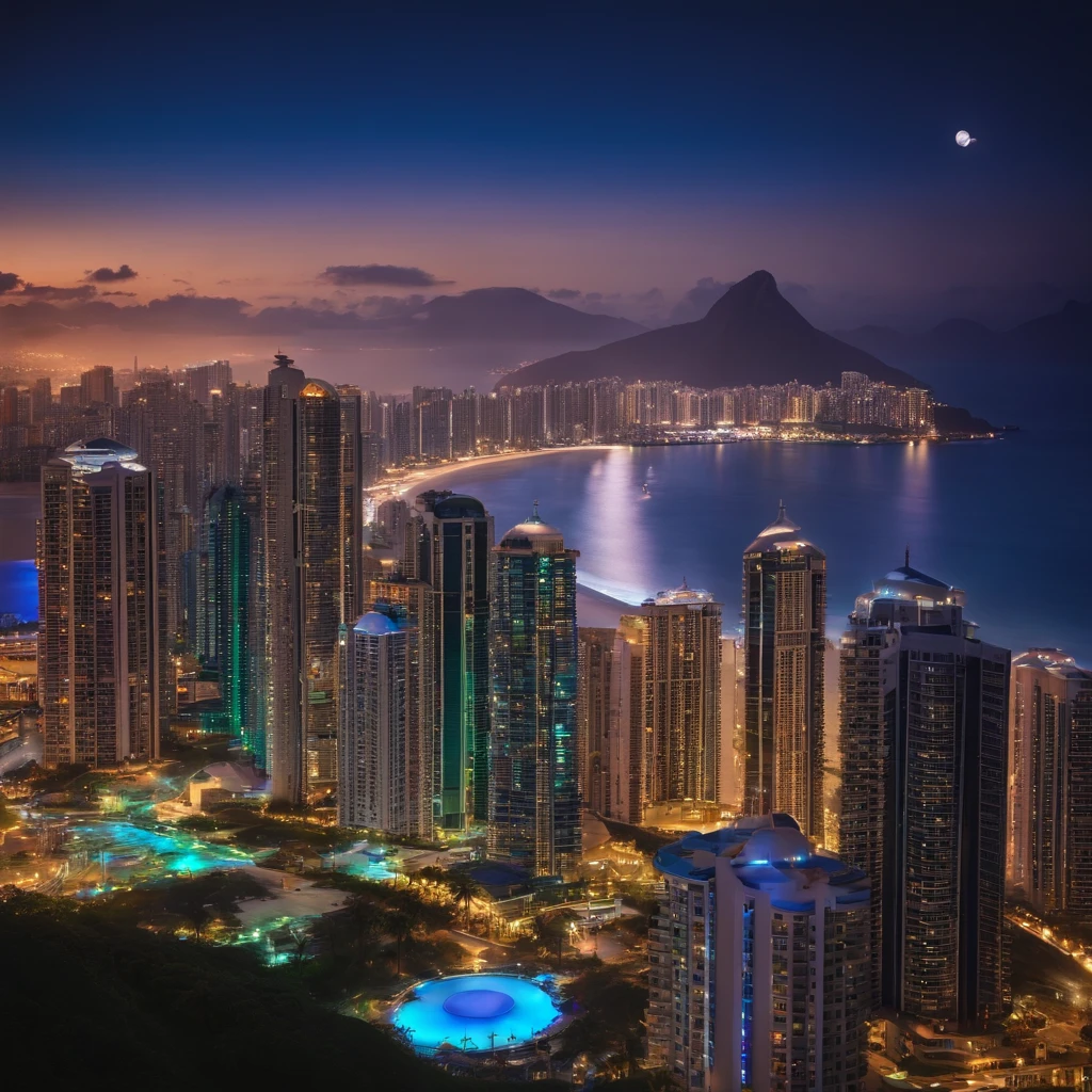 City of the future with modern architecture, estilo Dubai, with the Miami waterfront, Copacabana beach in Rio de Janeiro, on a moonlit night