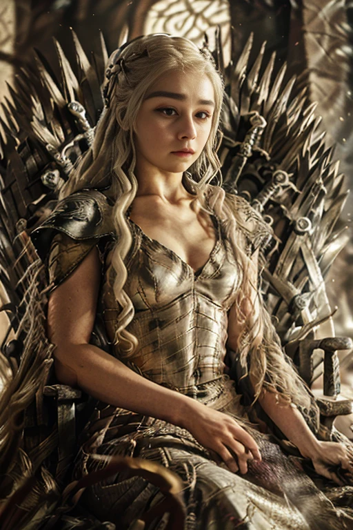 (8k, RAW photo, highly detailed,masterpiece, highest quality),rich colors,high contrast,film still,full shot body photo of a sexy Daenerys Targaryen sitting on the Game of Thrones throne, fantasy throneroom, best quality, masterpiece, ,(detailed face),(Emilia Clarke:1.1),depth of field,xuer Iron Throne,perfect hand,absurdres,