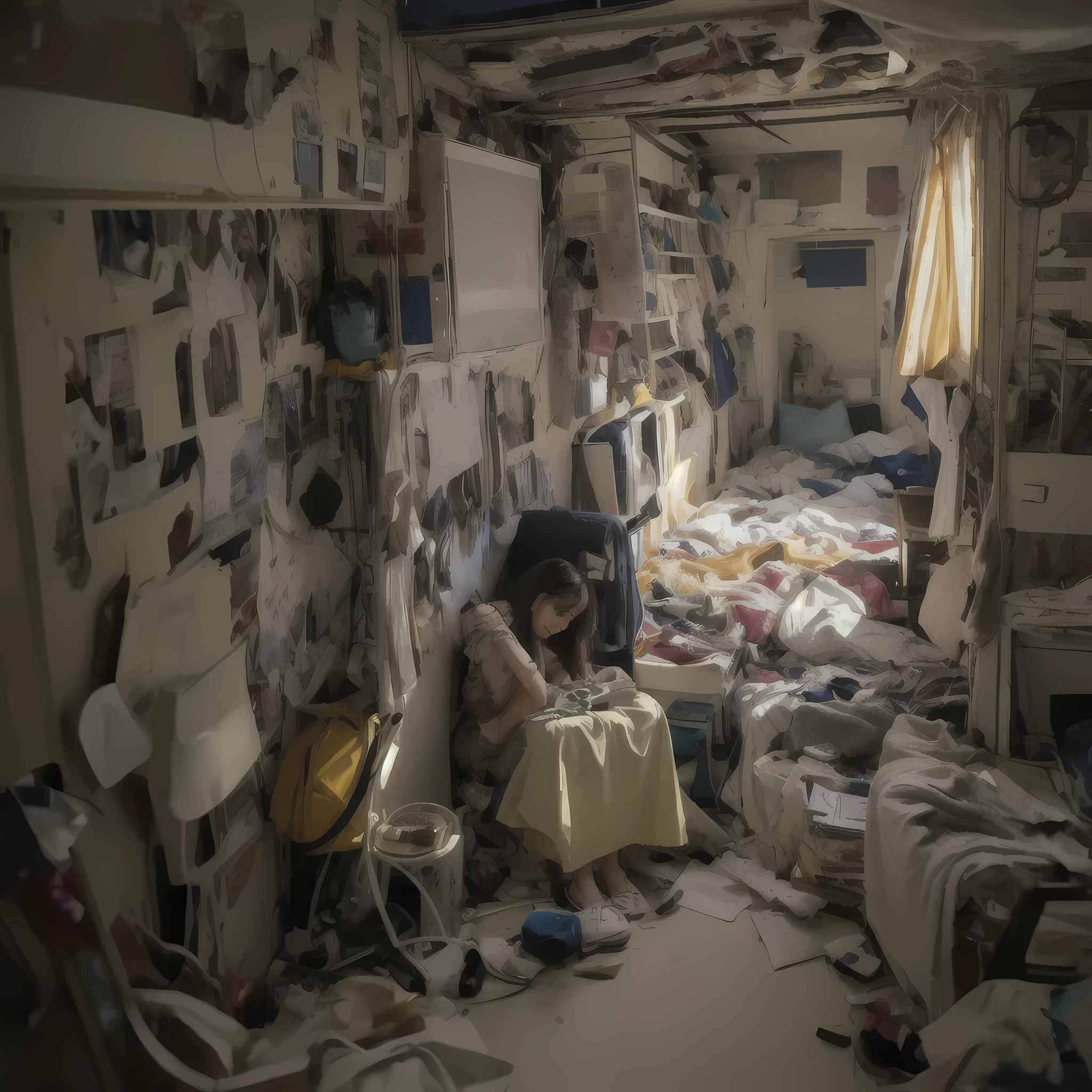 there is a woman sitting in a Messy room with a lot of clutter, inside a Messy room, Messy room, Claustrophobic room, Messy bedroom, Messy bedroomの中, Dirty room, Chaotic teen bedroom, Dirty apartment, In a decaying hospital room, Messy room, Crimmed New York apartment, A small room in Tokyo