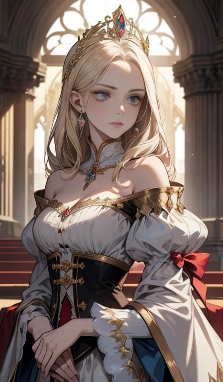 Fantasy, 19th century, empress, woman, delicate face, pale blonde hair, blue eyes, in a white royal dress with open shoulders, gold patterns on fabric, crystal jewelry, with a scarlet ribbon over the shoulder with the regalia of the monarch, Gothic castle made of white stone on the background, light, day, hd