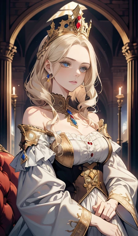 Fantasy, 19th century, empress, woman, delicate face, pale blonde hair, blue eyes, in a white royal dress with open shoulders, gold patterns on fabric, crystal jewelry, with a scarlet ribbon over the shoulder with the regalia of the monarch, Gothic castle made of white stone on the background, light, day, hd