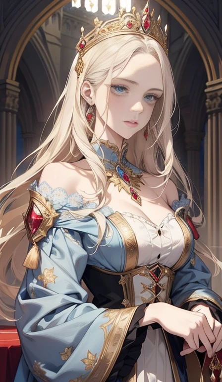 Fantasy, 19th century, empress, woman, delicate face, pale blonde hair, blue eyes, in a white royal dress with open shoulders, gold patterns on fabric, crystal jewelry, with a scarlet ribbon over the shoulder with the regalia of the monarch, Gothic castle made of white stone on the background, light, day, hd