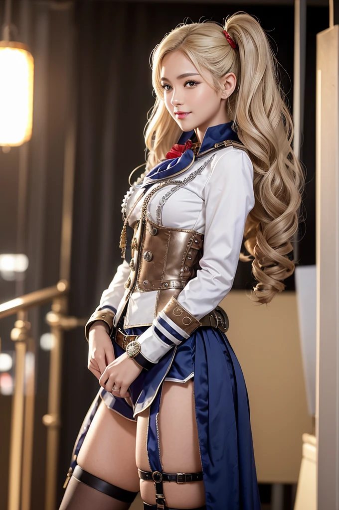 Woman portrait、Highest quality、Rear view、8K, clear, Fine skin、Clear, beautiful eyes、Bright Face、The beauty of a smile、whole body、Curly Hair、My hair was messed up by the wind、(Glamorous Muscle、tall),,(Hip_superior, Hip superior), Beauty,( Watching the audience),Realistic, High resolution, Soft Light,1 female, One person,blonde hair,Twin tails,Fine Skin, Naughty look,((Steampunk sari)),Steampunk style girl、Costumes decorated with lots of gear and watches,(Sailor-style armor with red collar,white dress shirt)、Beautiful Steampunk Guild Staff Costume Banker Uniform,(White and red and silver steampunk silver steampunk jacket, High-tech Mecha,Gemstone Helmet,wrist cuffs,belt,ascot,High leg)、((arms behind back)),(bokeh),(studio lighting)