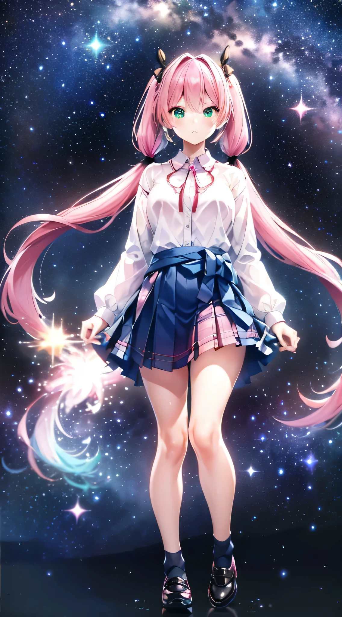 High detail, Super detailed, Ultra-high resolution, A girl having fun in a dreamlike galaxy, Surrounded by stars, The warm light that shines on her, Starry background with colorful galaxies and galactic clouds, The stars fly around her, Add a playful touch ,(((Pink long hair)))、(((Half Twin Tail)))、独奏、Green Eyes、skirt、(((long back hair)))、shirt、shoes、(Blue waistband)、White shirt、Plaid skirt、Plaid、sleevesa rolled up、chest、Collared shirt、ribbon、Knee-high、bangs、shoes、(Brown skirt)、Red ribbon、(Brown pleated skirt)、Mouth closed、Neck ribbon、Medium breast 