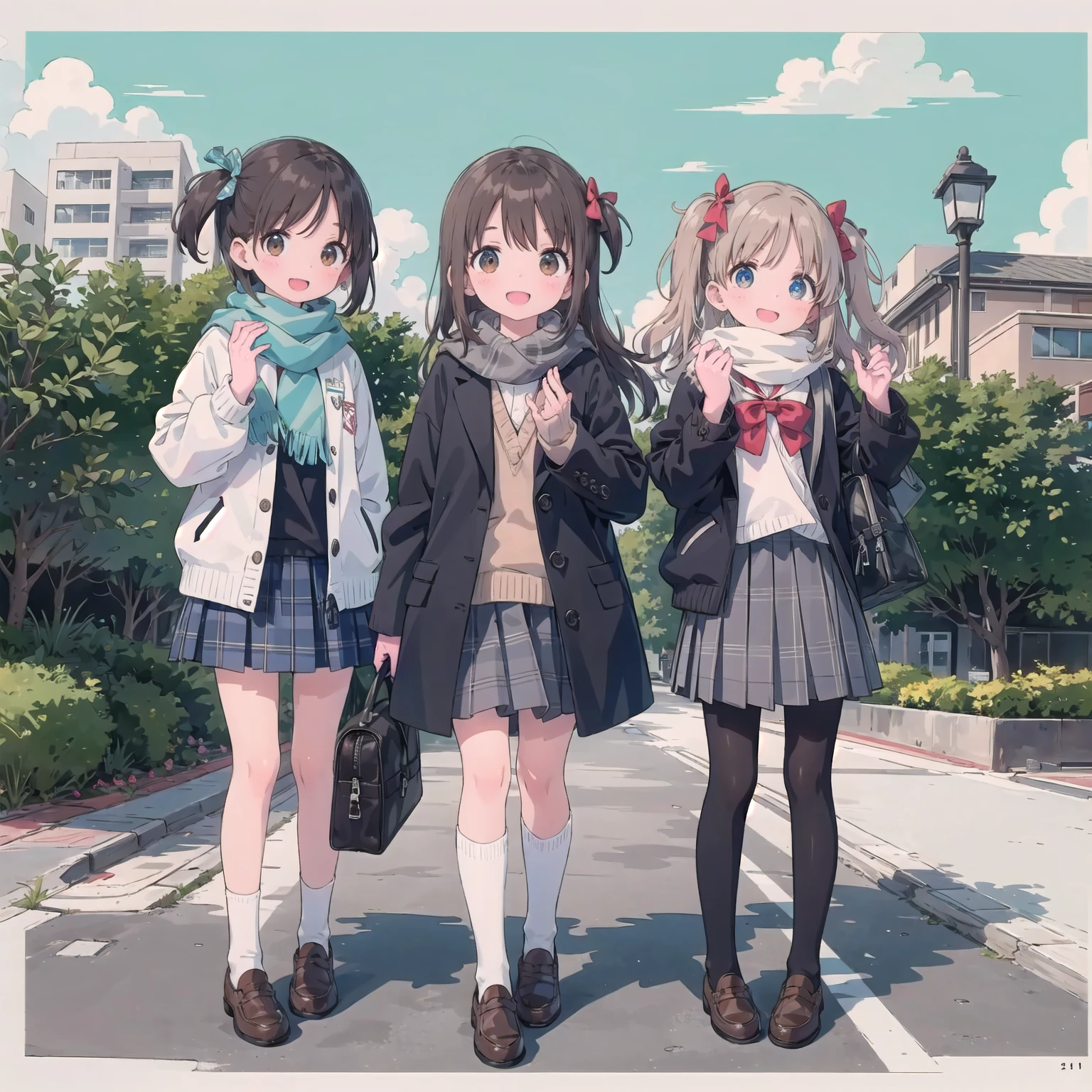 finely DetaileD illustration, best quality, masterpiece, vibrant color,8-year-old、pretty girl、幸せなsmile、Beautiful background,Long Hair, View your audience, blush, smile, Open your mouth, bangs, blue eyes, Multiple Girls, skirt, Brown Hair, shirt, Black Hair, Long sleeve, bow, Brown eyes, very Long Hair, , Are standing, Jacket, white shirt, :D, Sweat, pleateD skirt, Outdoor, Open clothes, shoes, Day, shoes下, Striped, collareD shirt, Please raise your hand, Three Girls, bag, scarf, reD bow, open Jacket, black Jacket, V-shaped eyebrows, Sleeves are longer than the wrist, parteD bangs, Plaid, Knee-length, nose blush, Plaid skirt, Brown footwear, flying SweatDrops, blazer, cardigan, loafers, grey skirt, school bag, Striped bow, Diagonal stripes, station