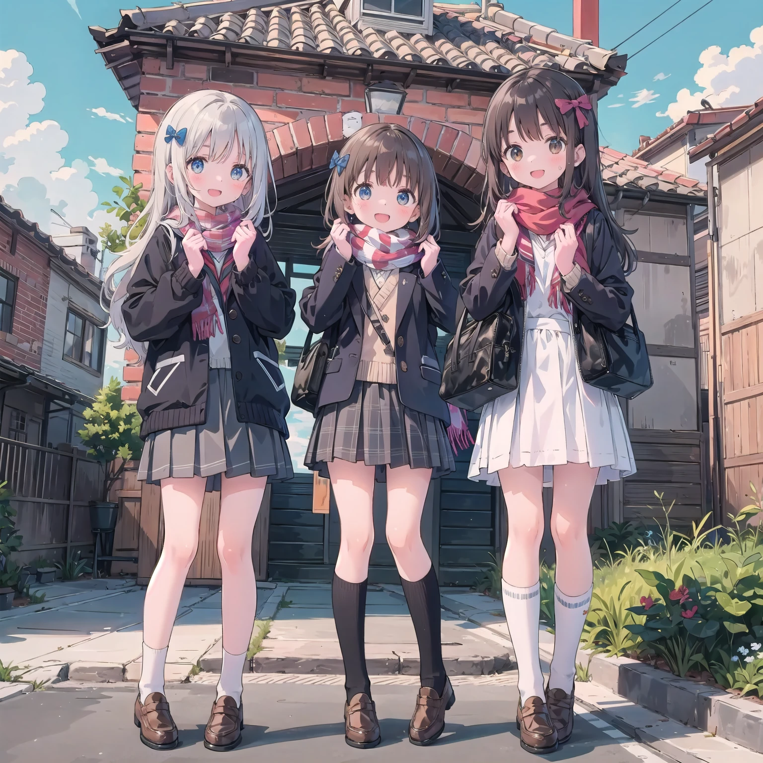 finely DetaileD illustration, best quality, masterpiece, vibrant color,8-year-old、pretty girl、幸せなsmile、Beautiful background,Long Hair, View your audience, blush, smile, Open your mouth, bangs, blue eyes, Multiple Girls, skirt, Brown Hair, shirt, Black Hair, Long sleeve, bow, Brown eyes, very Long Hair, , Are standing, Jacket, white shirt, :D, Sweat, pleateD skirt, Outdoor, Open clothes, shoes, Day, shoes下, Striped, collareD shirt, Please raise your hand, Three Girls, bag, scarf, reD bow, open Jacket, black Jacket, V-shaped eyebrows, Sleeves are longer than the wrist, parteD bangs, Plaid, Knee-length, nose blush, Plaid skirt, Brown footwear, flying SweatDrops, blazer, cardigan, loafers, grey skirt, school bag, Striped bow, Diagonal stripes, station