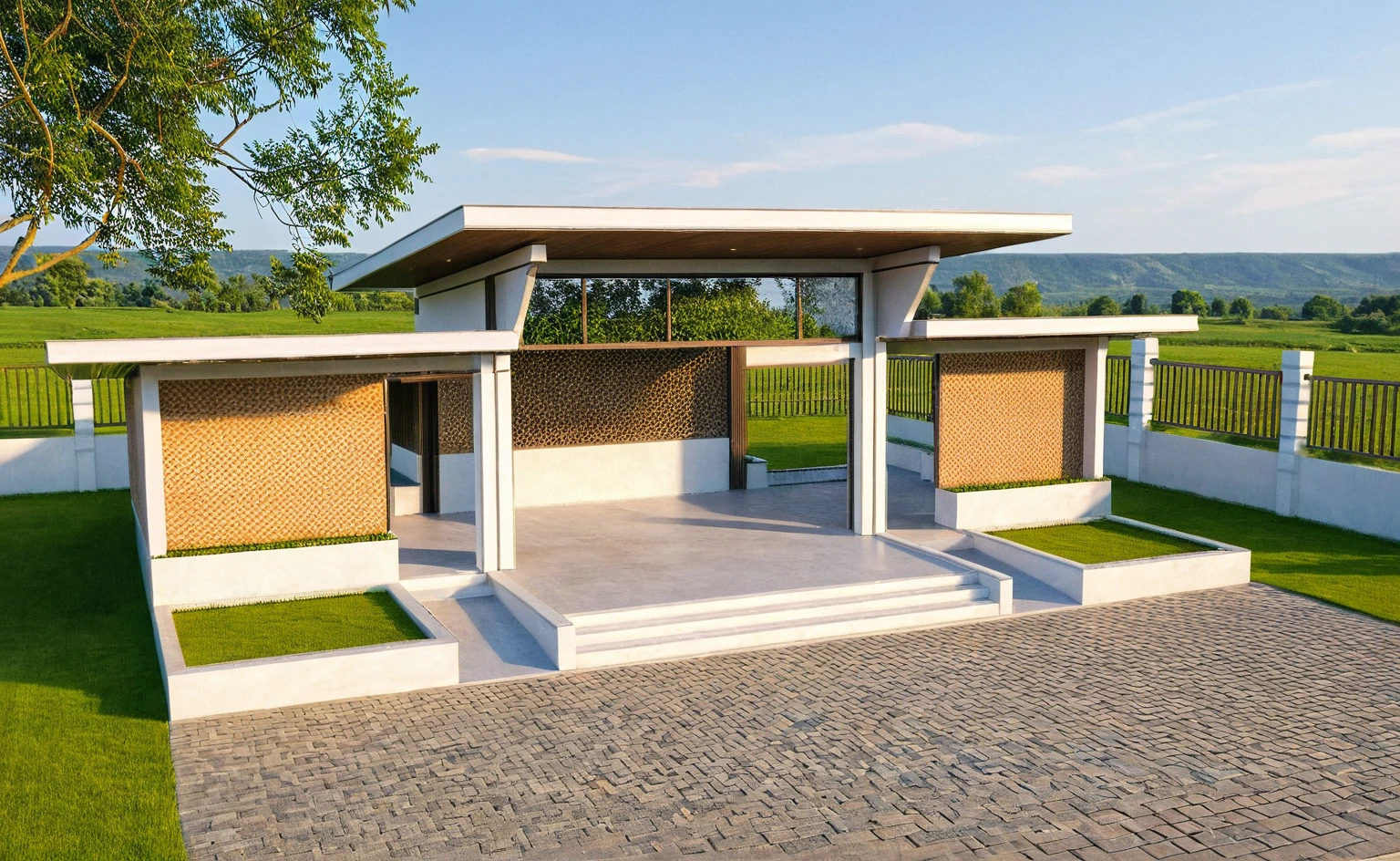 Masterpiece, high quality, best quality, authentic, super detail, outdoors, huts, white wall, road, field landscape, pavement, grass, trees, blue sky, sunset, (day:1.1), spring lighting
