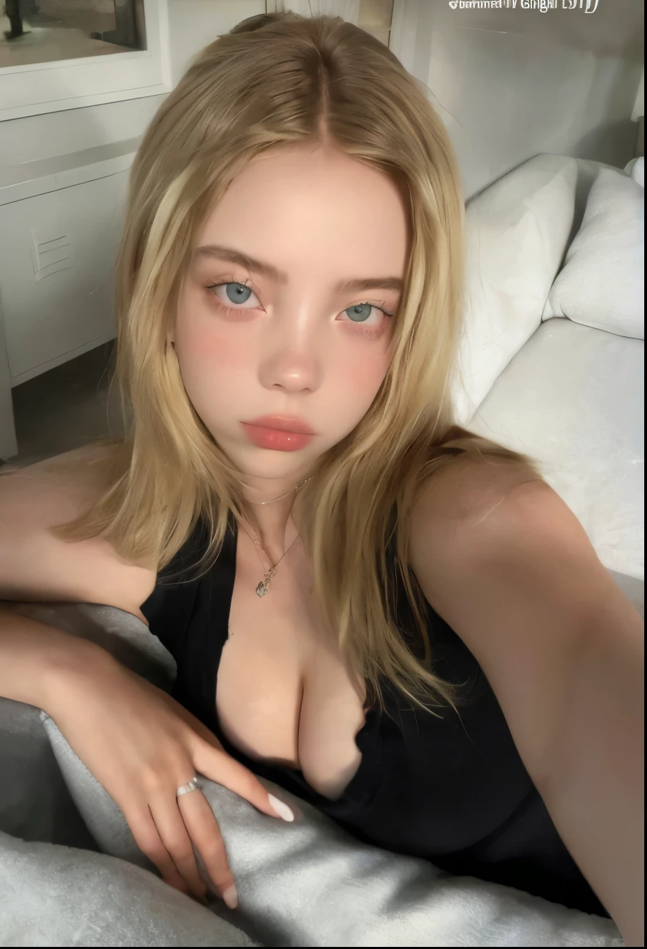 blond woman with big breast posing for a selfie in a black tank top, instagram model, 18 years old, gorgeous young model, very pretty model, sydney sweeney, yelena belova, angelawhite, portrait sophie mudd, blonde goddess, dasha taran, 1 6 years old, good young girl, anya taylor-joy, beautiful model