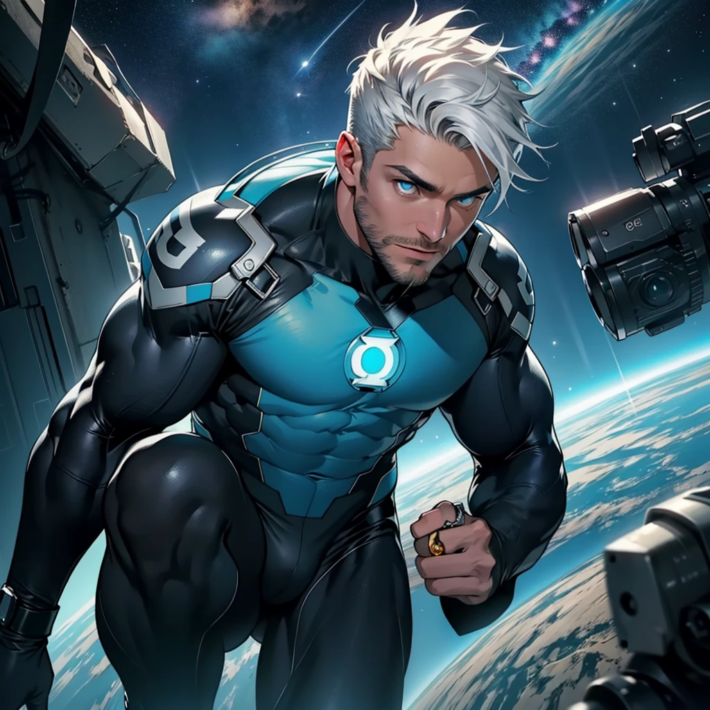 An award-winning original photo, A thin muscular man, (30 years old man:1.3), 1man, Solo, (wearing a (silver lantern) metal suit), (glowing silver ring on a finger), spikes, neon stripes, white hair, muscular, hunk, stubbles, Short beard, (Detailed face:1.3), (beautiful eyes:1.2), Dynamic Angle, volumetric lighting, (Best quality, A high resolution, Photorealistic), Cinematic lighting, Masterpiece, RAW photo, Intricate details, hdr, depth of field, knee-up shot, in space background, beautiful cosmos, energy strands around body, big bulge