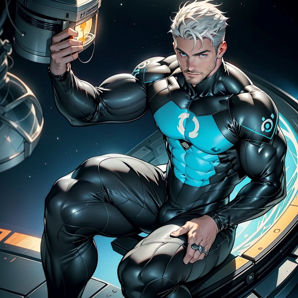 An award-winning original photo, A thin muscular man, (30 years old man:1.3), 1man, Solo, (wearing a (silver lantern) metal suit), (glowing silver ring on a finger), spikes, neon stripes, white hair, muscular, hunk, stubbles, Short beard, (Detailed face:1.3), (beautiful eyes:1.2), Dynamic Angle, volumetric lighting, (Best quality, A high resolution, Photorealistic), Cinematic lighting, Masterpiece, RAW photo, Intricate details, hdr, depth of field, knee-up shot, in space background, beautiful cosmos, energy strands around body, big bulge